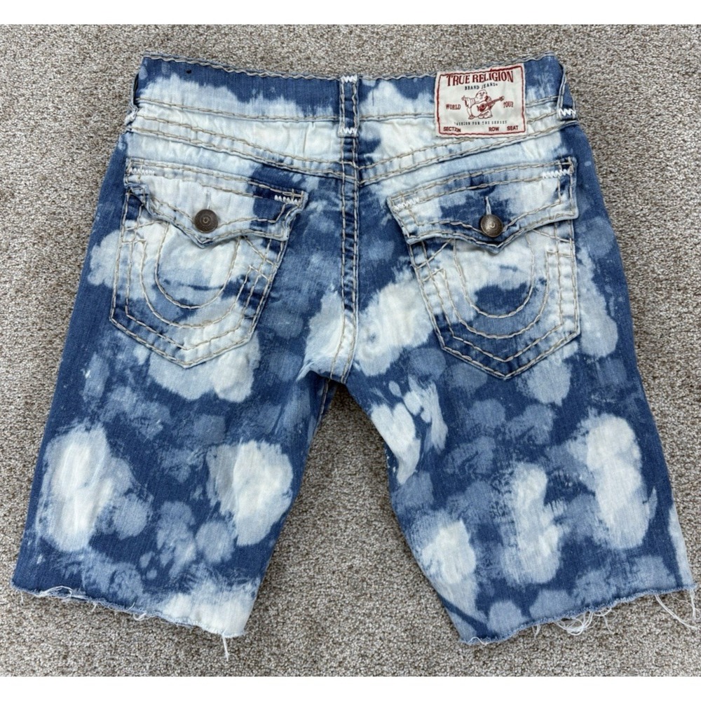TRUE RELIGION Ricky Relaxed Denim Jean Shorts Mens 32 /11" Blue Acid Bleach Wash - Picture 2 of 10